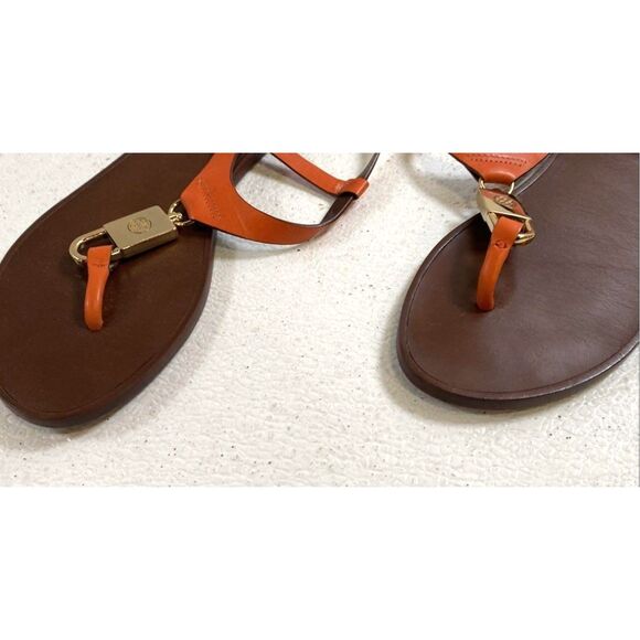 Tory Burch Women's Orange Sandals Leather Padlock Flat Logo Ankle T Strap 6M - Picture 3 of 6